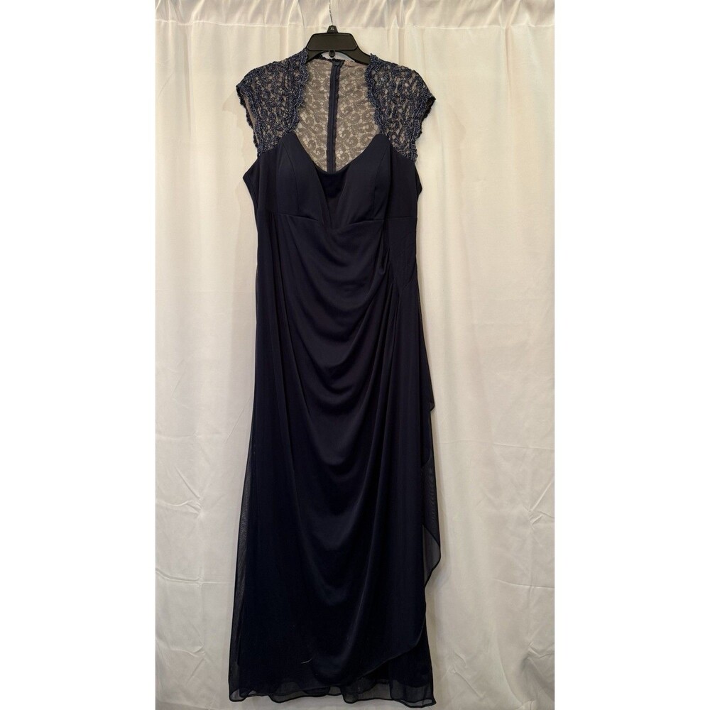 X by Xscape Mother Of The Bride Navy Evening Gown Lace Cap Sleeve Ruched 16W